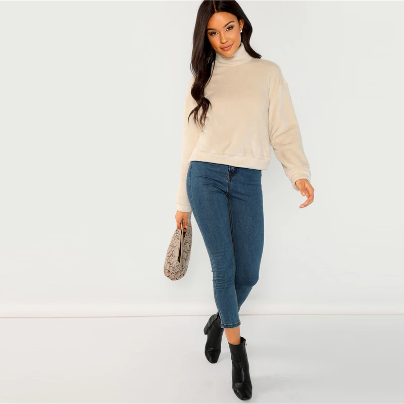 SHEIN Однотонный Свитшот С Высоким Воротником, Свитшот Из Эко Меха Повседневные Женские Толстовки