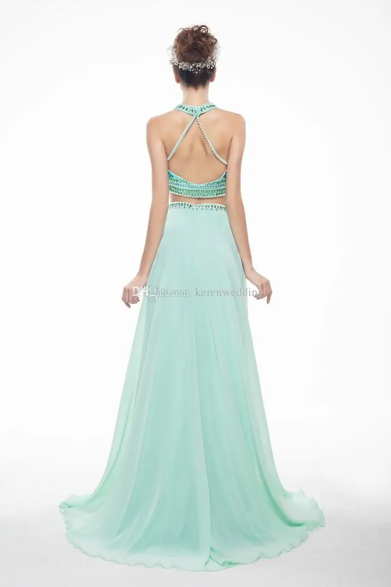 Two Pieces Long Prom Dresses 2015 with Sheer Neck Backless Party Dress Sexy Beading Crystals Mint Evening Gown S1546|dresse|dresses dropshipdress