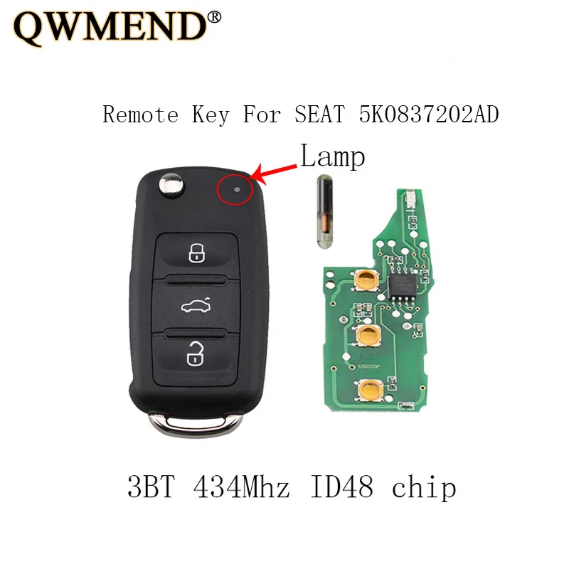 QWMEND 3 кнопки 434 МГц ID48 полный дистанционный ключ для Seat Cordoba Ibiza Leon Toledo 2002 2010 5K0837202AD