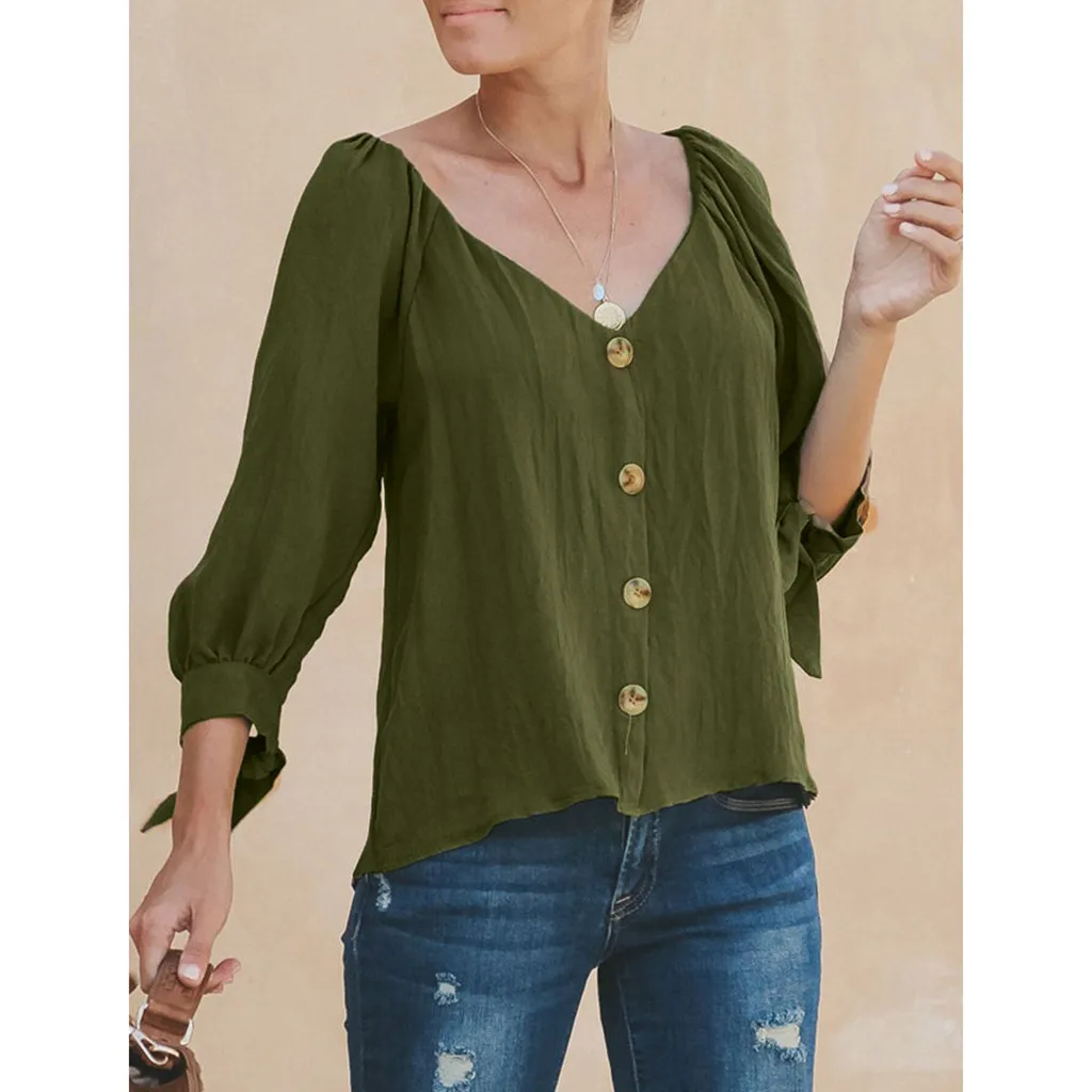 Женская футболка на пуговицах feitong Повседневная с рукавом 3/4 и v образным вырезом