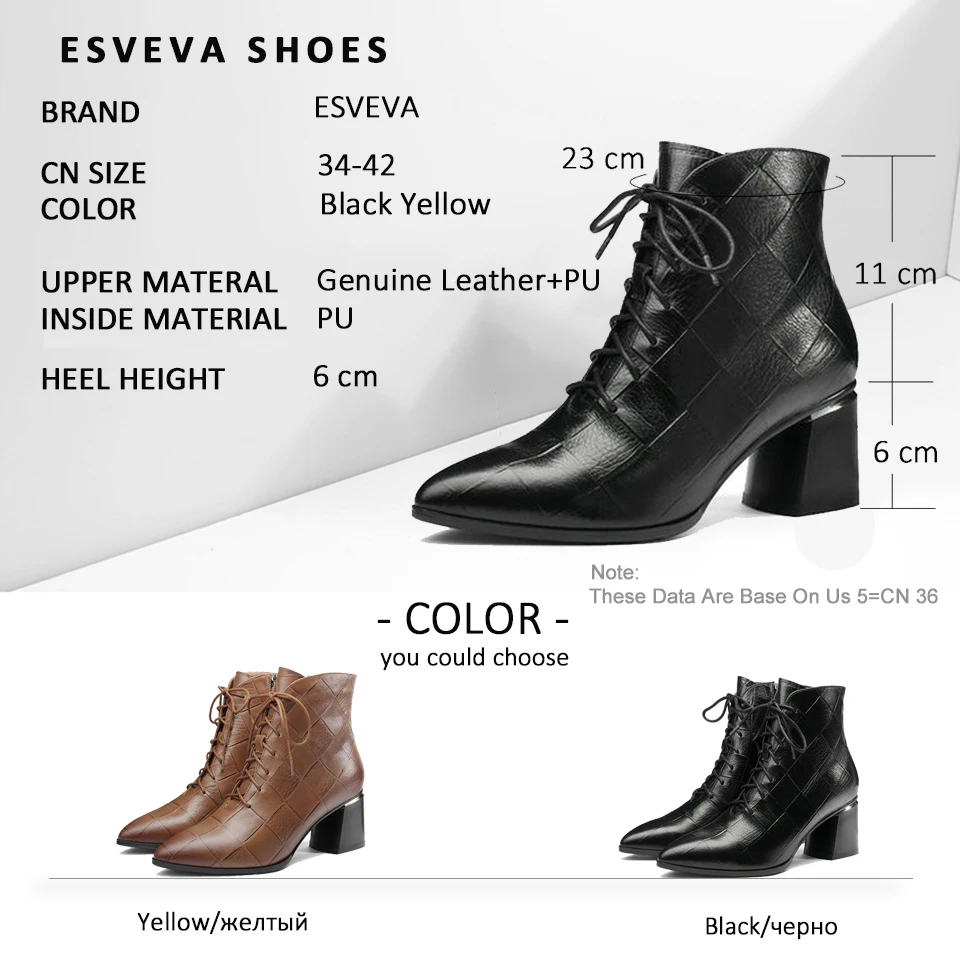 

ESVEVA 2019 Women Boots Zip Ankle Boots Shoes Square High Heels pointed Toe Cow Embossed Leather PU Chelsea Boots Size 34-42