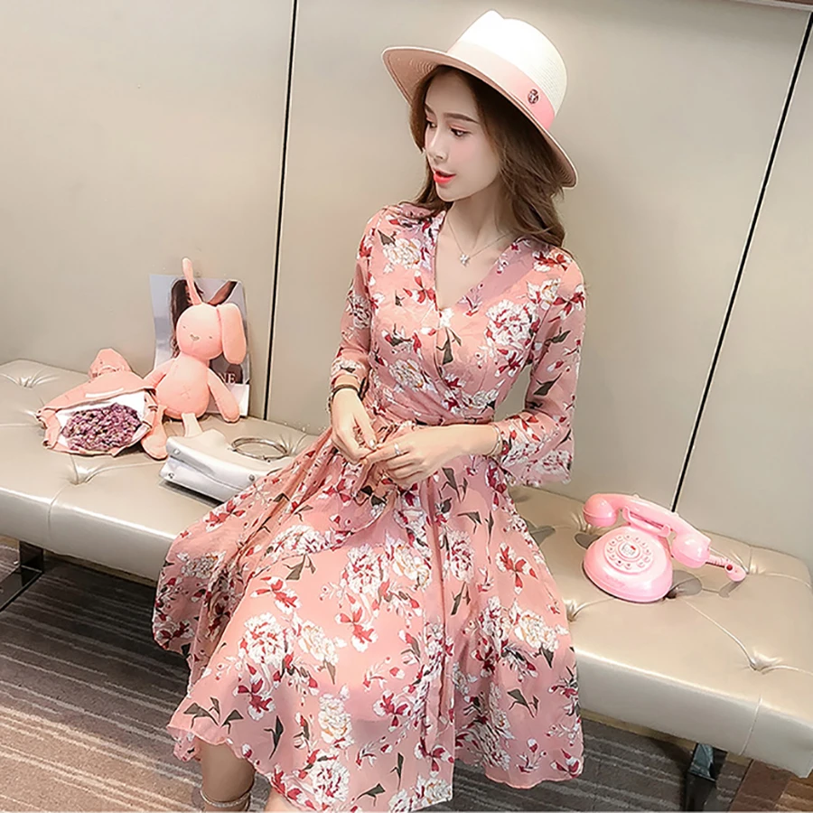 Huti wjwyl New Floral Print Sweet Chiffon Fresh Dress Women V-Neck Party Half Sleeve Lady Beach Holiday A-Line Vestidos | Женская одежда