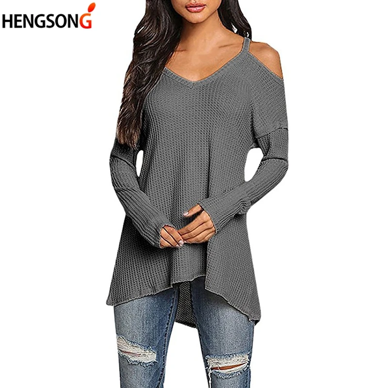 Модные женские вязанные футболки с v-образным вырезом и длинными рукавами без