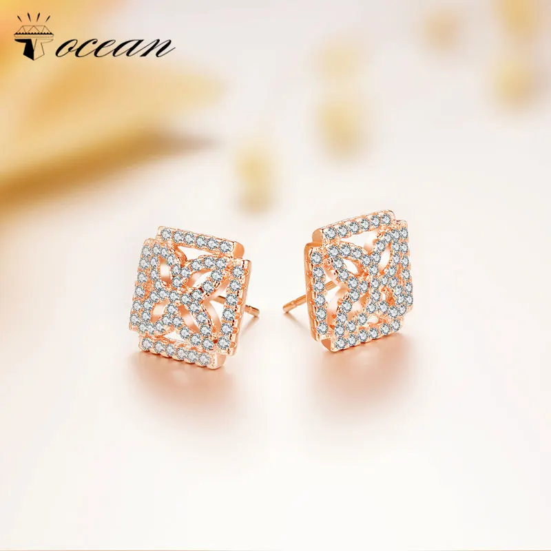 Tocean Rose Gold Color Square Cute Flower Jewelry Wedding Stud Earrings for Women AAA Zircon Engagement Accessories Gift EM114 | Украшения
