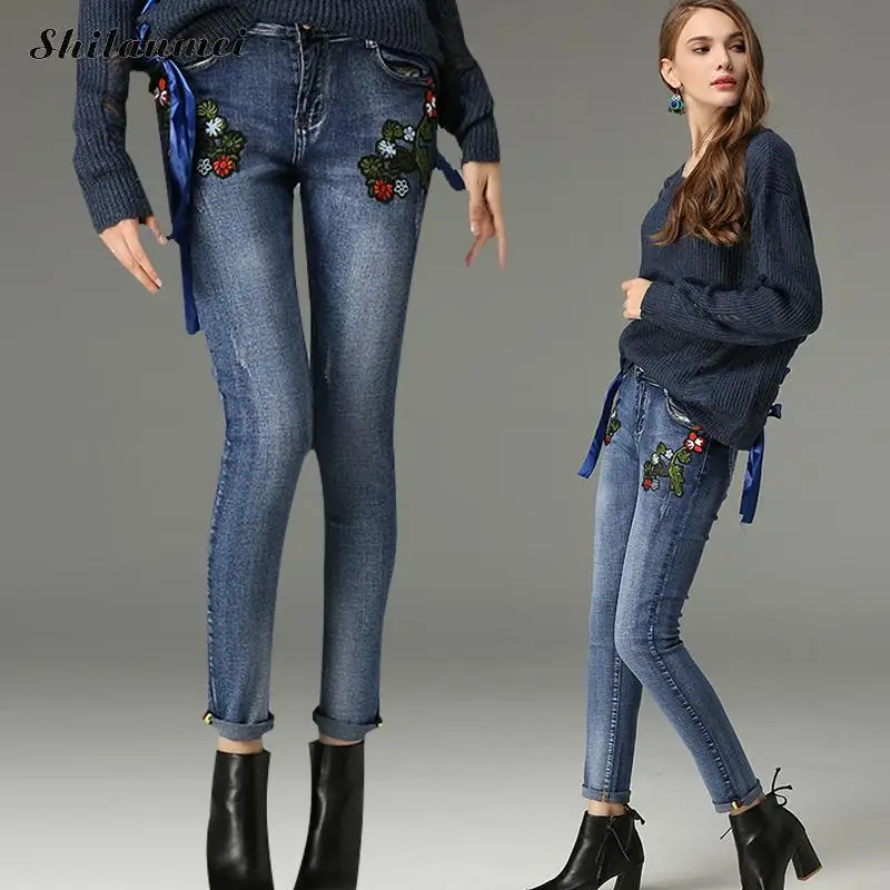 2017 новая мода женская одежда длинные прямые джинсы брюки 3D цветы вышивка высокая