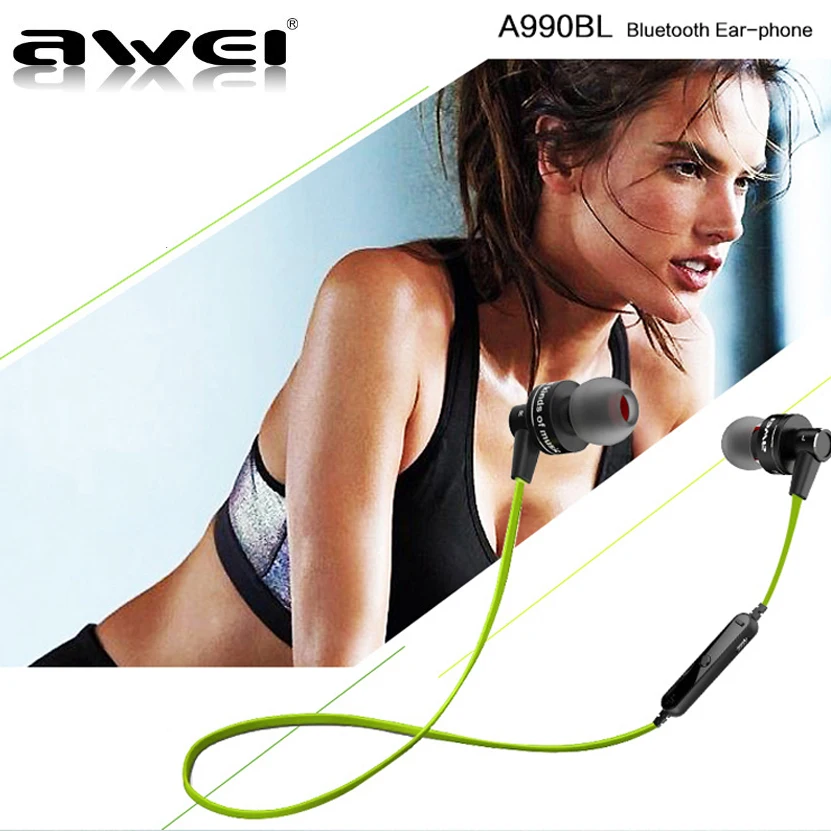 Awei A990BL Earphones Bluetooth 4.0 Wireless Sports Handsfree Portable In-Ear Earphone with Mic for Android IOS Mobile Phone | Электроника