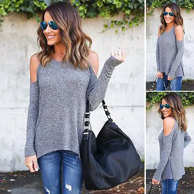 autumn fall spring warm women femme clothing Cold Shoulder Tops Elegant gray Casual Shirt Lady Polyster Off The Blouse | Женская одежда