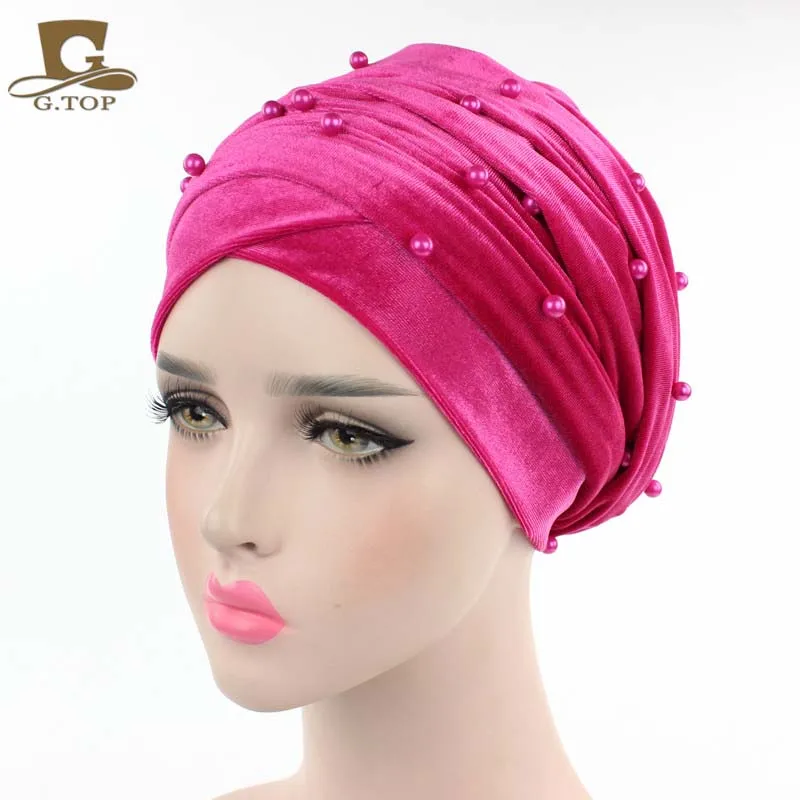 Hot pink Новая роскошная женская бархатная головная повязка в виде чалмы, украшенная бусинами, с жемчужинами, удлиненная бархатная тюрбан хиджаб платок на голову - Цвет: Hot pink
