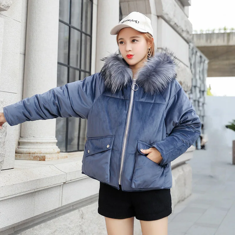 New Fashion Winter Jacket Women Velvet Hooded With Fur Female Coat Short Outwear Womens Parka Abrigos Mujer Invierno - Цвет: Smoky Blue