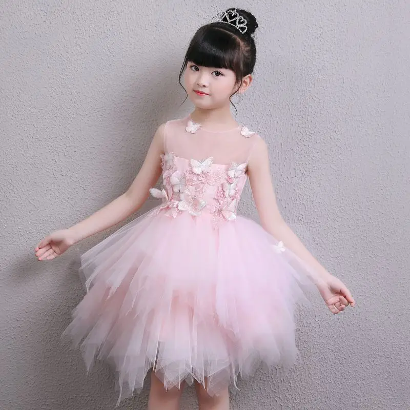 2018 Girl Pink Tulle Princess Flower Dress Wedding Christening Gown Summer Clothes For Party First Communion | Детская одежда и