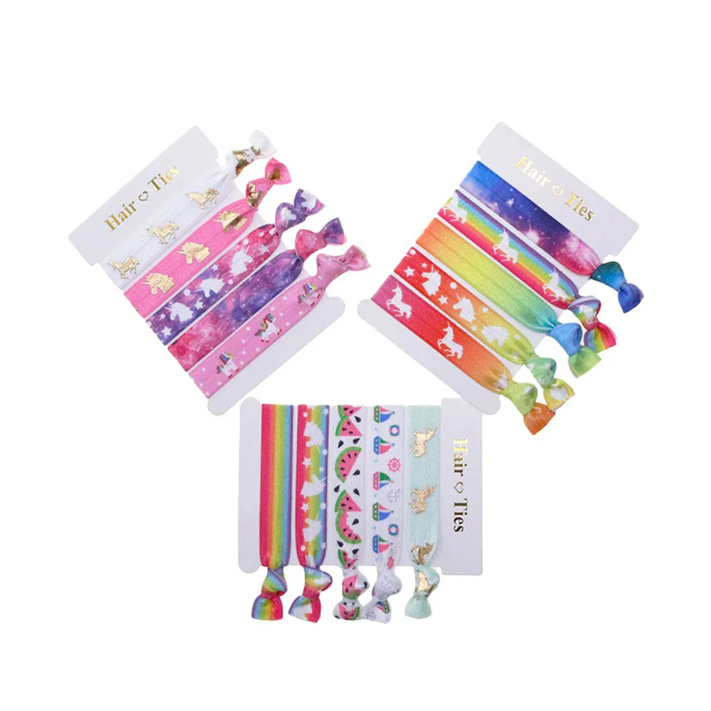

35cards/lot, Cute Rainbow gradient unicorn print Elastic Hair Ties Fold Over Elastic Hair Band Elastic for girl Hair Accessories