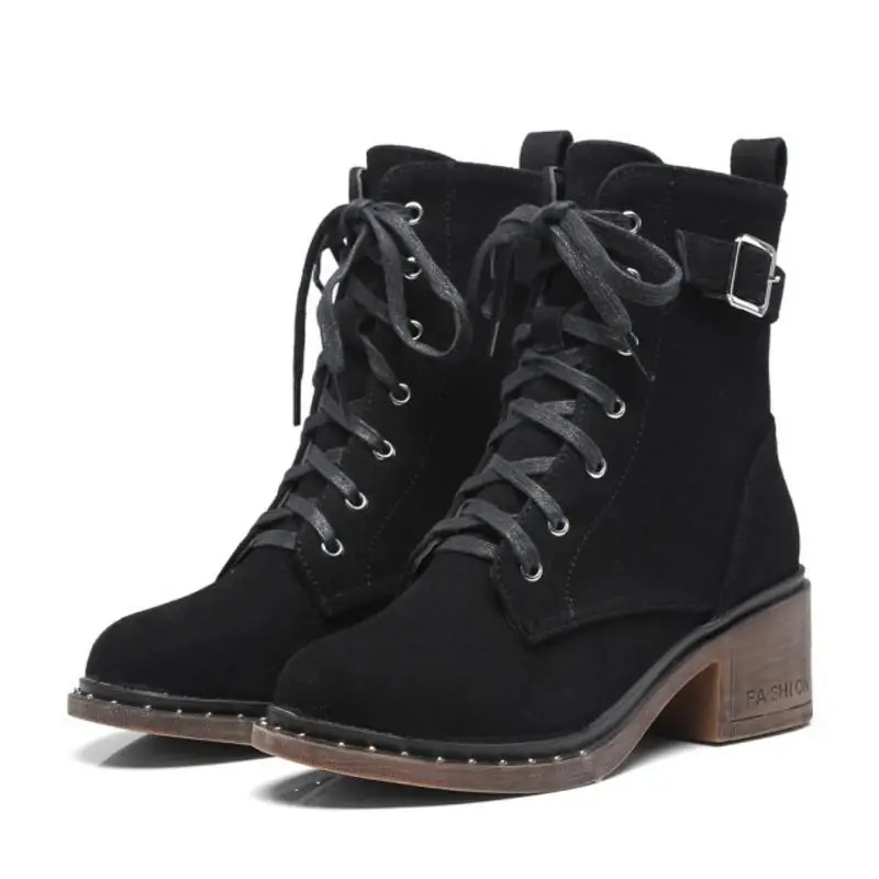 

Tuyoki Women Winter Mid Calf Boots Keep Warm Fur Strappy Shoes Women Square Heeled Boots Fashion Buckle Footwear Size 32-43