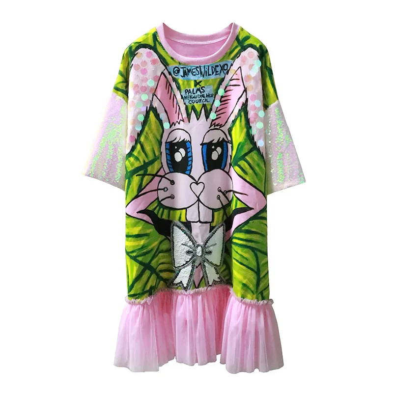 Oversize платья летние женские рисунком кролика Луки блестки с длинным рукавом