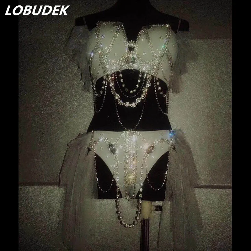 Женский ночной клуб Танцы у шеста Костюм блестящие стразы бикини бар DJ певица