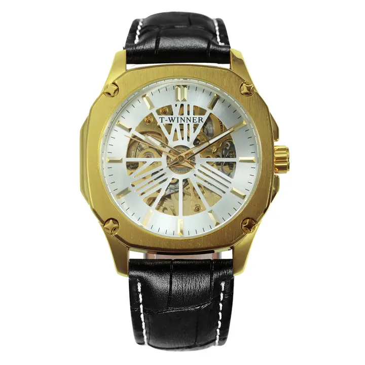 GOLDEN WHITE Победитель официальный автоматические часы для мужчин Скелет Механические панк человек часы люксовый бренд кожаный ремешок Золотой квадрат наручные часы - Цвет: GOLDEN WHITE