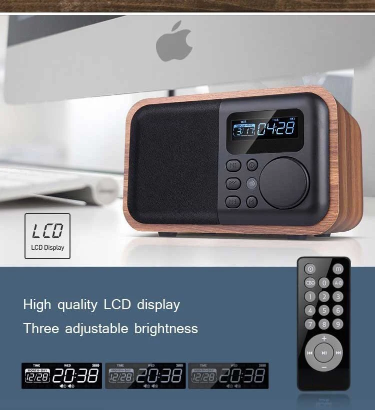 Деревянный bluetooth-динамик с дистанционным управлением с fm-радио и будильником, поддержка времени, USB TF карта, деревянный сабвуфер, динамик