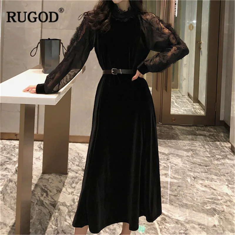 RUGOD модное однотонное женское платье кружевное повседневное весеннее с длинным