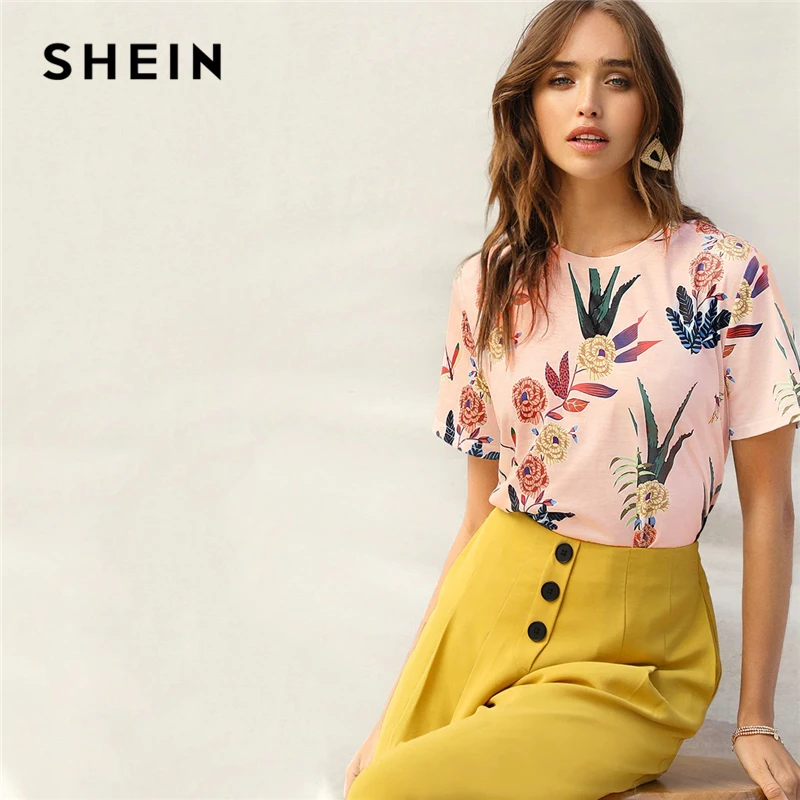 SHEIN Цветочная Футболка С Графическим Принтом Женский Летний Повседневный Топ С Короткими Рукавами И Круглым Вырезом