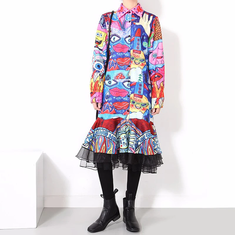 New 2018 Women Colorful Flare Shirt Dress Long Sleeve Trumpet Bottoms Cartoon Multicolor Printed Boho Chic Midi 1945 |