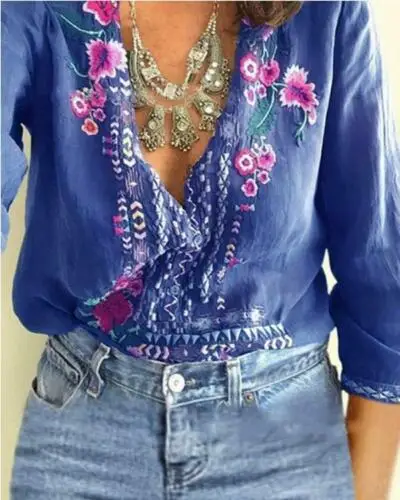Женская блузка с длинными рукавами Повседневная Свободная рубашка вышивкой и