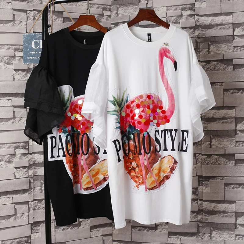 2017 Женская мода мультфильм Фламинго печатных свободное платье с оборками