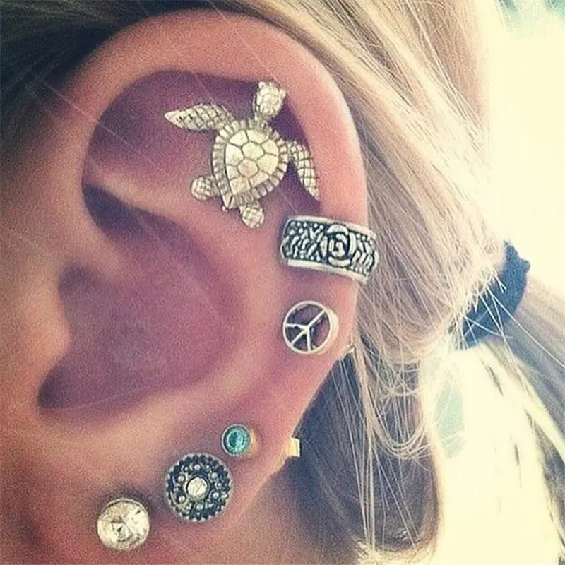 6pcs/Set Bohemian Retro Punk Silver Shells Turtles Rhinestone Animals Earrings Set Ear rings for women | Украшения и аксессуары
