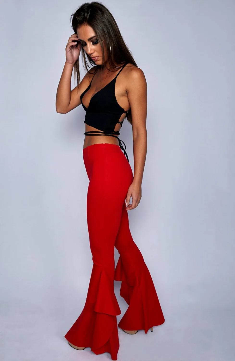 Hippie Women Enthusiastic Red Ruffles Slim Flare Pants Elastic Bottom 2018 Fashion Summer New Wide Leg Trouser Elegant Clothing | Женская
