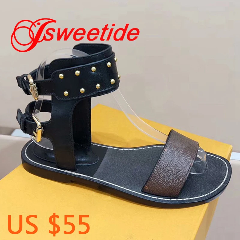 Сандалии женские из натуральной кожи удобная пляжная обувь плоская подошва