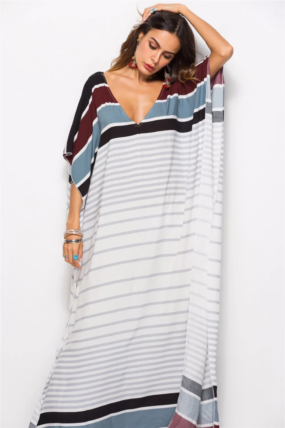 BOHOFREE Arabian Style Striped Kaftan Oversized Loose Long Gown Street Fashion Maxi Robe Hippie Dress Women Beach Dresses | Женская