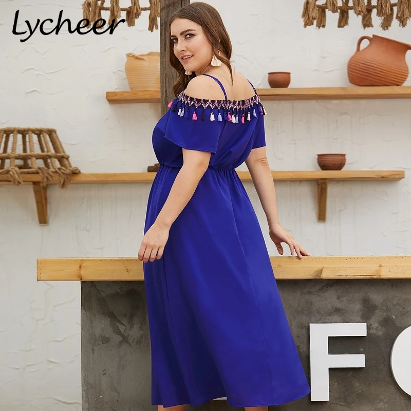 Lycheer/большие размеры этническое платье с кисточками и открытыми плечами большие