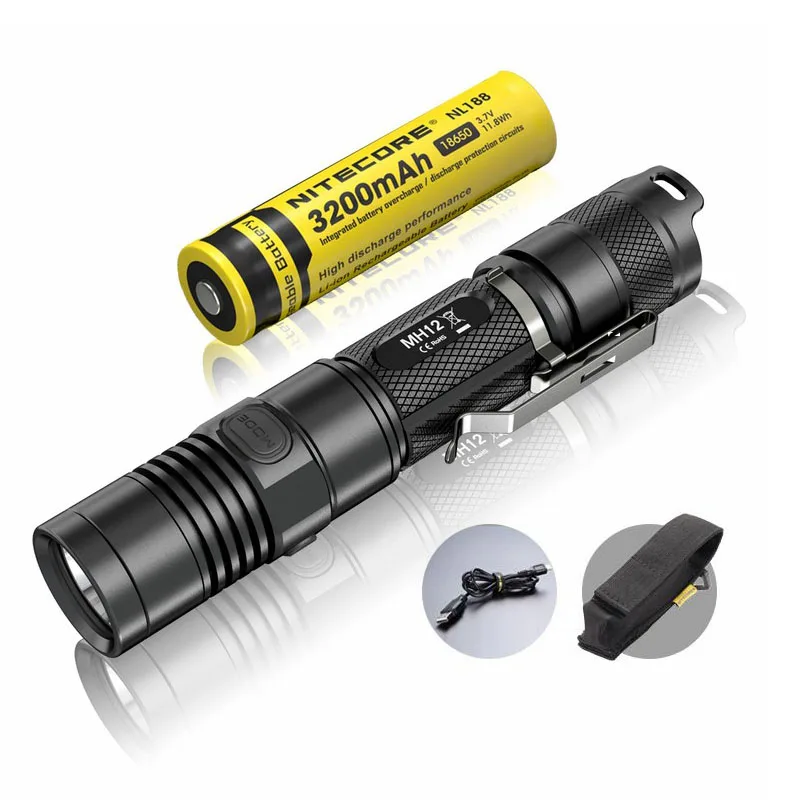 NITECORE MH12 светодиодный фонарик 1000LM дальность луча 232 M уличный фонарик+ 18650 3200 mAh аккумулятор+ usb зарядка Cble