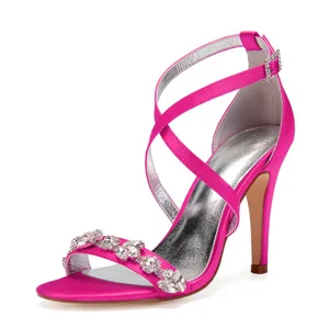 Hotpink Вечерние атласные босоножки с баклажаном женские туфли-лодочки перекрестный ремешок на высоком каблуке для невесты, свадьбы, выпускного вечерние туфли с хрустальной цепочкой - Цвет: Hotpink