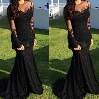 prom dresses sexy arabic illusion lace appliques crystal beaded black mermaid long sleeves formal party evening gown zipper back