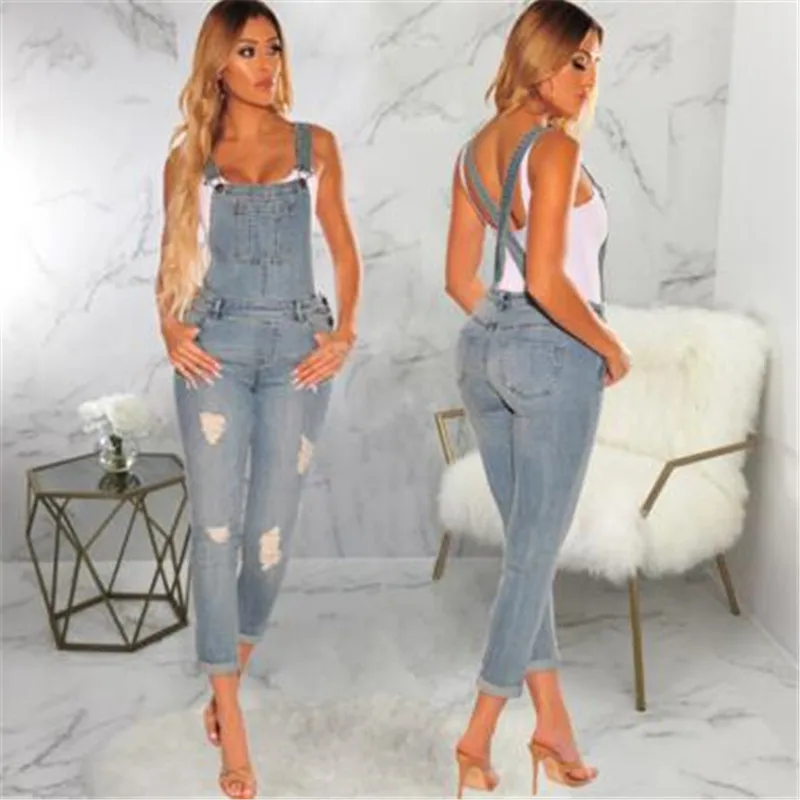 casual denim jumpsuit women long pants rompers bodysuit overalls ripped jeans strappy off shoulder boyfriend | Женская одежда