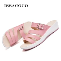 issacoco womens%e2%80%99 slippers buckle real leather slides shoes solid thick sole heels beach sandals women outside flip flops summer