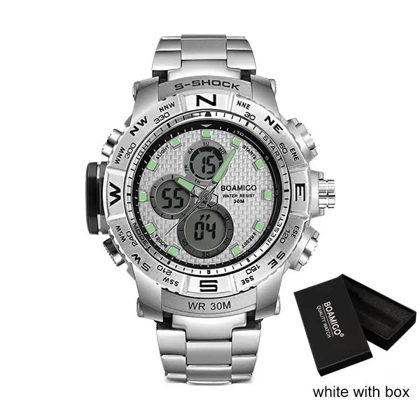 S-SHOCK, мужские спортивные часы, стальной светодиодный, цифровые часы, аналоговые кварцевые часы, BOAMIGO, Брендовые Часы с хронографом, 30 м, водонепроницаемые, reloj hombre - Цвет: white with box