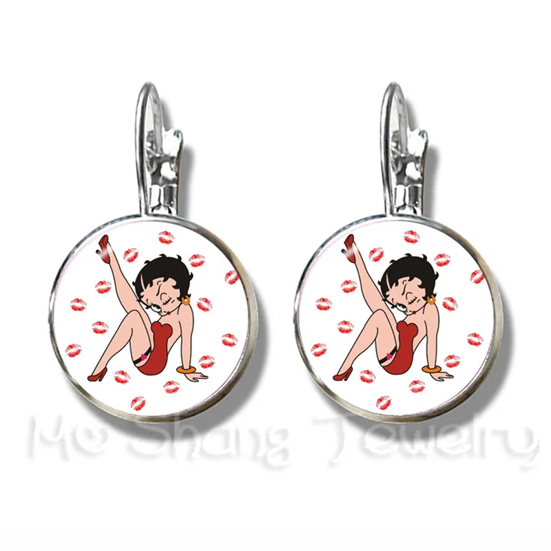 

Newest Trendy Betty Boop 16MM Glass Cabochon Earrings Harajuku Cute Cartoon Picture Silver Plated Stud Earrings For Women Girls
