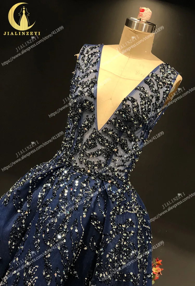 JIALINZEYI роскошные темно синие Серебристые бусины Zuhair Murad сексуальные формальные