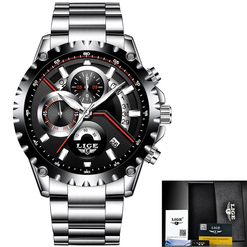 silver black steel LIGE Брендовые мужские Модные ажурные дизайнерские часы с датой, мужские спортивные водонепроницаемые кварцевые часы, мужские стальные часы Relogio Masculino - Цвет: silver black steel