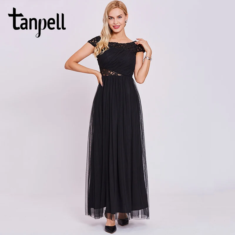 Женское вечернее платье без рукавов tanpel черное ажурное трапециевидной формы