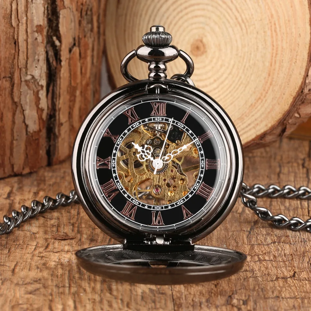 Vintage Luxury Brand Necklace Mens Pocket Watch, Black Steampunk Skeleton Mechanical Pocket Watch for Man, Clock Pocket Watches