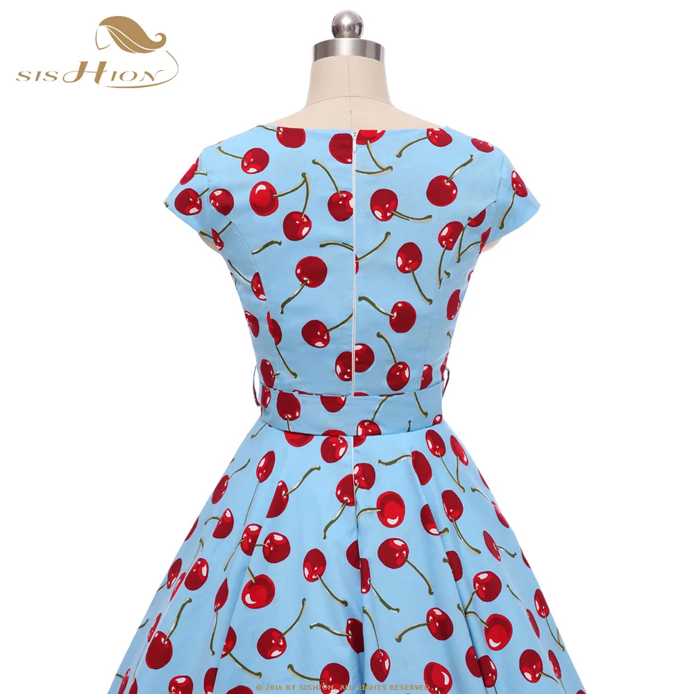 SISHION Retro Vintage Dresses with Large Swing High Quality Floral Print Cherry Blue White Cotton Women Summer Dress VD0785 | Женская