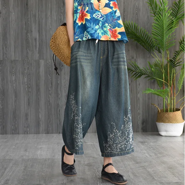 Летние Осенние женские джинсы винтажные отбеленные плиссированные с цветочной