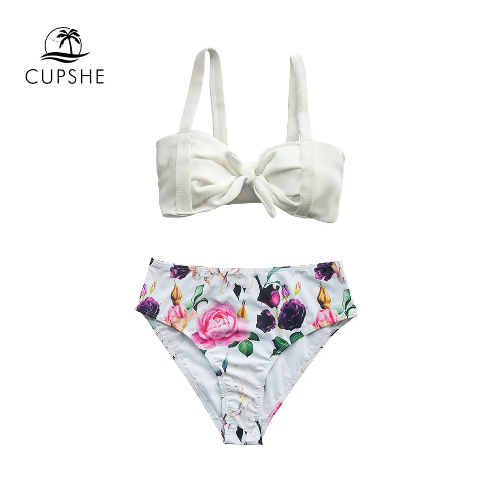 CUPSHE Solid White And Floral Front-Knot High-Waisted Bikini Sets Swimsuit Two Pieces Swimwear Women Beach Bathing Suits