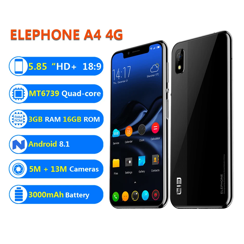 ELEPHONE A4 4G мобильный телефон Android 8 1 Face ID 5 85 &quot1440*720 P HD + 18:9 дисплей Notch screen 13MP 5MP MTK6739