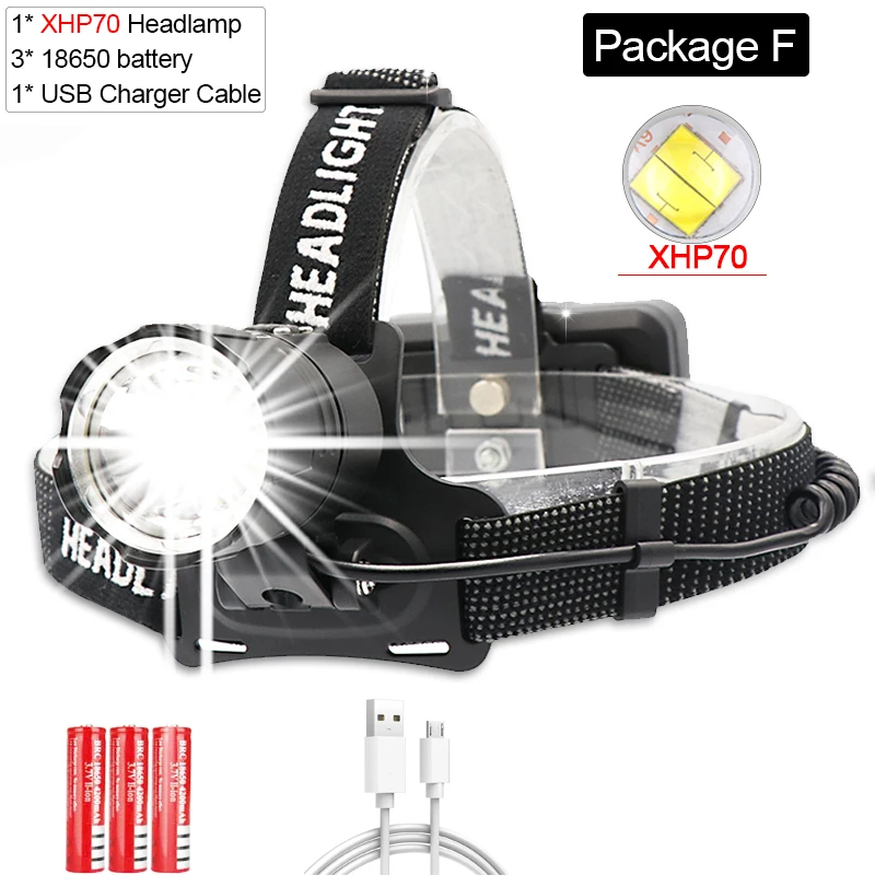 Package F 7500 люмен XHP-70.2 светодиодный налобный фонарь для рыбалки, кемпинга, фонарь высокой мощности, налобный фонарь, масштабируемый фонарик USB 18650 - Испускаемый цвет: Package F