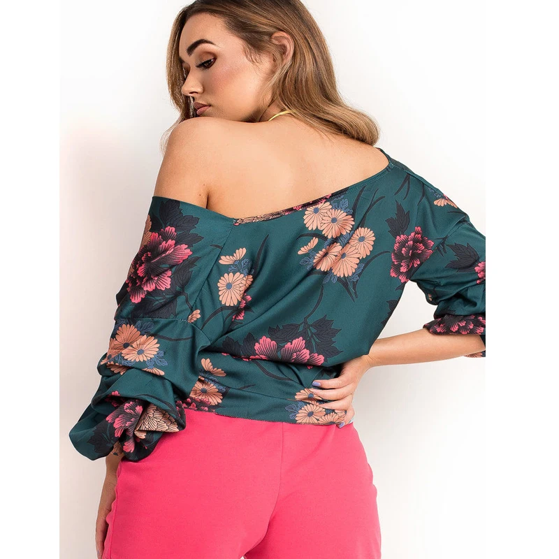 Женский топ с длинным рукавом V-образным вырезом открытыми плечами и цветочным