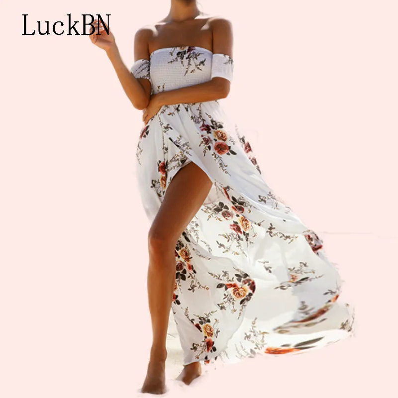 Женское пляжное шифоновое платье с открытыми плечами Boho белое длинное винтажное