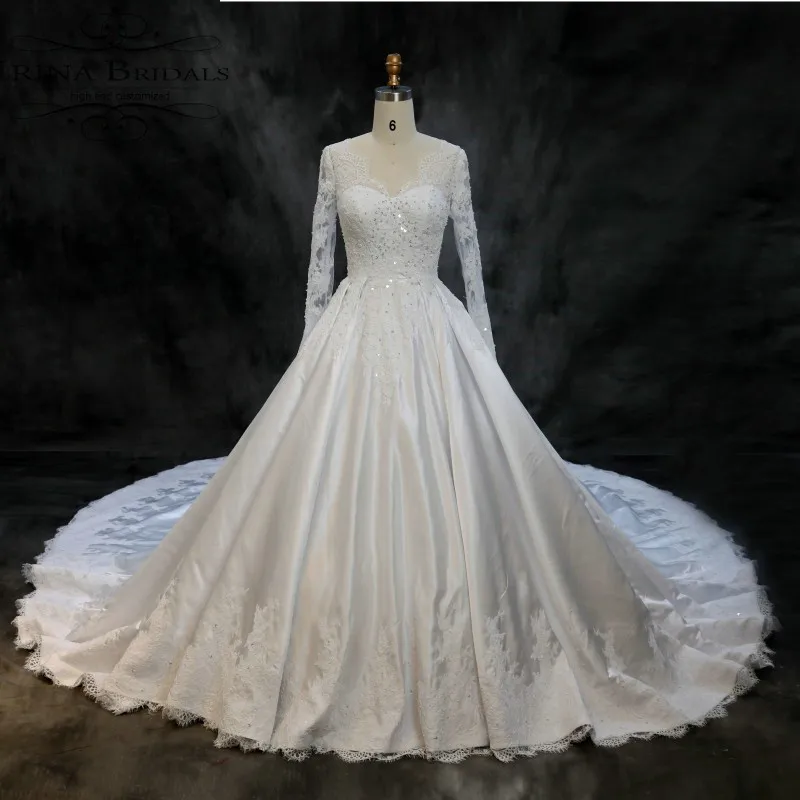 Vestido de noiva манга длинный рукав кружева аппликация v-образным вырезом атласное