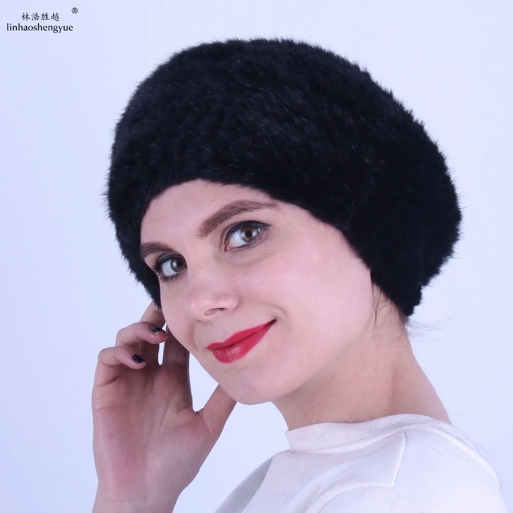 Linhaoshengyue  Fashion Women Mink Fur Cap  with Fur Ball